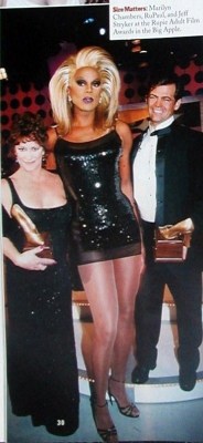 Marilyn with RuPaul and Jeff Stryker during a taping of The RuPaul Show, which aired April 25, 1998. The episode, entitled &ldquo;The Rupie Awards,&rdquo; honored those in the adult entertainment industry. This photo was featured in Out magazine, May