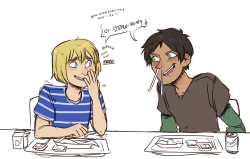 erenyeagerbomb:  eren shoves some fuckin straws up his nose and makes this shitty joke to make armin laugh when he’s feelin bad also i didnt draw it cause i couldnt figure out how to fit it in right but mikasa is trying very hard not to have juice shoot