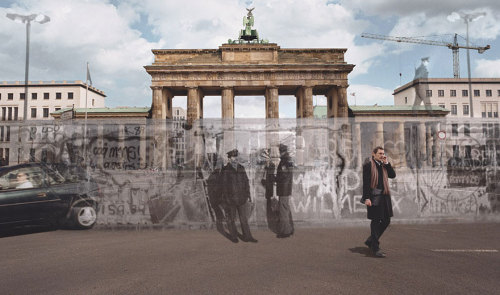 fer1972:   Know were you stand: Modern Day Locations blended with Major Historical Events by Seth Taras  1. The Hindenberg Disaster of May 6, 1937  2. Allied soldiers rushing the beach at Normandy in June 1944 3. The Fall of the Berlin wall in 1989