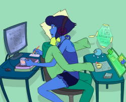 timehuntress:     I put them in different outfits for a change because it’s kind of awkward to sit like that with a dress on (which is what Lapis normally wears)…Study buddies are great :)-Kyriena
