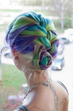 hairchalk:   Purple, green, turquoise, lavender hair in a French braid up do. It’s definitely worth a try! 