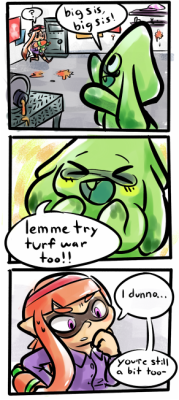 cutiekaboom:  Decided to make a splatoon comic! I’d imagine that younger inklings would be pretty excited to try turf wars despite the limitation of not having fingers.