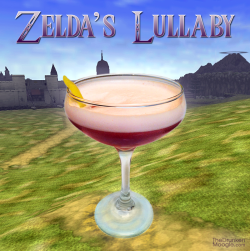 thedrunkenmoogle:  Zelda’s Lullaby (The Legend of Zelda: Ocarina of Time cocktail) Ingredients:1.5 oz Chambord.75 oz vodka1 oz lemon juice.5 oz simple syrup1 egg white1 lemon twist Directions: Separate your egg white, add it to a mixing glass, and discard