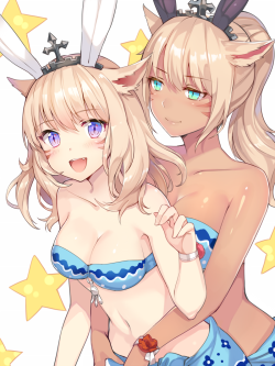 pantherrh:  祝☆イシュガルド | ももこ [pixiv]Celebrating the new Ishgard entry into Final Fantasy XIV: A Realm Reborn with this piece from Momoko of two Miqo’te in lovely Sea Breeze Summer bikini set (at least I remember that as the name)!