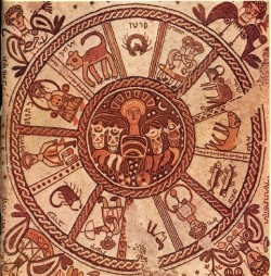 worldhistoryfacts: A Jewish Zodiac mosaic from the 6th century CE Beth Alpha Synagogue in what is now northern Israel. A Greco-Roman sun god appears in the center circle on a chariot, surrounded by symbols of the twelve months and finally, outside the