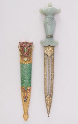 wiitch-craft:  art-of-swords:  Dagger with Sheath Dated: 18th century Culture: Turkish Medium: jade, steel, gold, copper, shagreen, gemstone Measurements: L. with sheath 14 5/16 in. (36.4 cm); L. without sheath 13 5/16 in. (33.8 cm); W. 2 1/2 in.