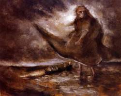 sixpenceee:The Water Ghost, Alfred Kubin: Kubin worked mainly in the symbolist and expressionist styles, and was most famous for his watercolors and pen and ink illustrations. His work in oils was limited but this piece gives a taste of his macabre style.