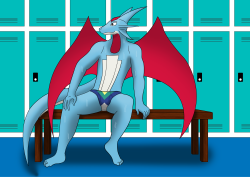 Just a Salamence in more Pokeball undies. Guess he’s fresh out from a shower, or finished a game and is cooling off. Keep him company? 