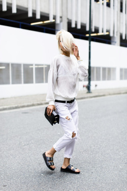 justthedesign:  Vanessa Hong is wearing white on white jeans from siwy, white top and senso sandals from Birkenstock 