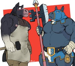junichiboar:  Honestly, I would be blushing and sweating too… 🐗💦💦💦 Featuring @greenendorf’s horse knight/executioner and GraveyardGreg’s Andre as a shy blacksmith. 