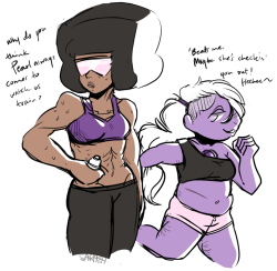 saraaza:  Doodle break from that comic I’m still doin’… have some gems ready to WORK OUT! And Amethyst with a long mohawk just ‘cuz it sounded fun Bonus:  it was to impress Pearl all along 