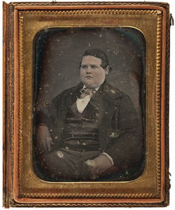 thehistoryofheaviness:  John A.P. Fisk, future President of NYC Fat Mens ClubQuarter plate daguerreotype under a mat inscribed in red ink John A.P. Fisk Aged 15/ Weight 360 Pounds, housed in full, pressed paper case, interior velvet lining embossed Knapp/