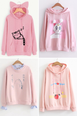 rainbowumlrb:  Pastel Pink Hoodies &amp; Sweatshirts PicksSleeping Cat // Moon CatJapanese &amp; Fish // Japanese &amp; StrawberryColor Block Cat // Letter CatCartoon Planet // Galaxy PrintedRADICAL // CRY BABYNASA Pattern // Floral AppliqueClick here