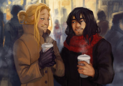 fucking-zawa-sensei: malacandrax:   Shouta: I can’t believe you like this stuff. It’s got nothing on a decent coffee. Hizashi: But it’s special! It’s once a year!  Prompt: Autumn date - drinking hot apple cider with fall clothes   ½ of the erasermic