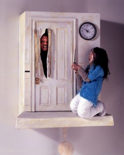 stabbyunicorn:   The Shining cuckoo clock by artist Chris Dimino. At the top of every hour, Jack Torrance breaks through the door and says “Here’s Johnny!”, followed by the piercing scream of his wife Wendy!  Want 