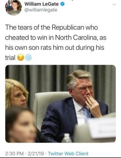 magnoliaalchemist:  saywhat-politics: The tears of the Republican who cheated to win in North Carolina In case you all didn’t know, this guy hired a team that collected absentee ballots from voters, which is a felony. He claims he didn’t know that