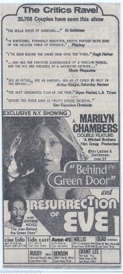 New York newspaper advertisement for Behind the Green Door/Resurrection of Eve double feature, 1973.