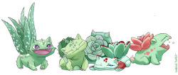 tyleroakley:  megapokemonxy:  rambled:  succulentsaurs   Bulbasaur from different regions. Alola, Kanto, Unova  I DEEPLY CARE ABOUT THIS 