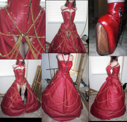 rawmaterial69:  Nice bondage wedding dress - not white, but red. She will be kept bound all the ceremony, her crotch chained and visible to all. The wood heels are intended to arch her back and make walking a difficult and slow pace. The dress is very