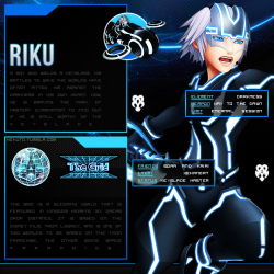 nokuto:    In The Grid, Riku wears a dark blue suit with light blue circuitry that bears a resemblance to his outfit from Kingdom Hearts, and a visor characteristic of participants in the Grid’s Disk Wars competition.   