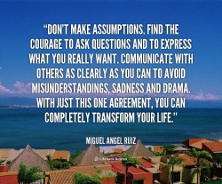 stacyangeline:  Don’t Make Assumptions. Find the courage to ask questions and to express what you really want. Communicate with others as clearly as you can to avoid misunderstandings, sadness and drama. With just this one agreement, you can completely