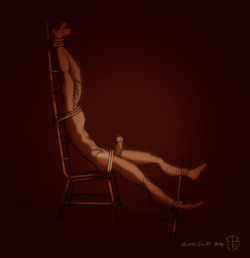 eroticdrawings-menandboys:  Naked… Sitting on the edge of a ladder-back bamboo chair… Wrists tied above his head… Ankles spread wide and tied to a bamboo pole… His hips bound to the seat with rope… his chest bound under his arms to the back