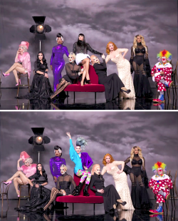 sofast&ndash;somaybe:  The queens of RuPaul’s Drag Race season 8 pose with past winners Bebe Zahara Benet, Tyra Sanchez, Raja, Sharon Needles, Chad Michaels, Jinkx Monsoon, Violet Chachki, and a circus clown. Photos by Mathu Anderson. 