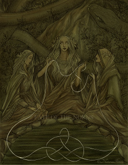 natasailincic:  The Norns, rulers of the destiny of gods and menThis piece will appear on the back cover of The Illuminated Edda.Ink, watercolour, ps.  [Facebook • DeviantArt • Blogspot]© Nataša Ilinčić, please do not remove credits  
