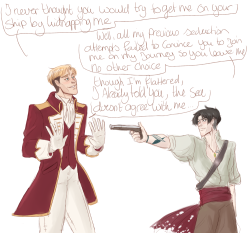 viella-art:  SNK Pirate AU based on a D&amp;D campaign I’m currently playing.  The eruri bit is based on my character who fell in love with a soldier and has tried everything from seduction to threats to get his lover on board of his pirate ship. In