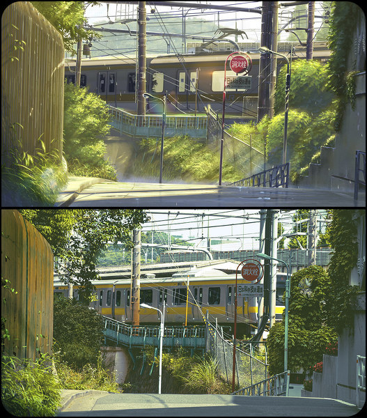 qinnih:  Kotonoha no Niwa - animation background vs photos of the same places -