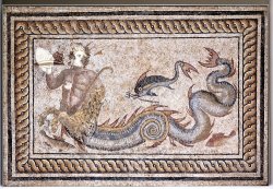 via-appia: Panel from a mosaic pavement: a triton with a dolphin and two fish, Sanctuary of Artemis, Anatolia Roman, ca. 200  