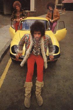 rocknrollhighskool:  The Jimi Hendrix Experience and a Lotus Elan - pure 60s cool