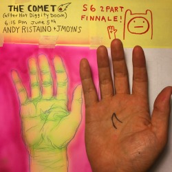 The Comet promo by writer/storyboard artist Jesse Moynihanpremieres Friday, June 5th at 6:15/5:15c on Cartoon Networkfrom Jesse:Friday at 6PM is the final 2 episodes of Adventure Time Season 6. The First part, “Hot Diggity Doom” was boarded by Tom