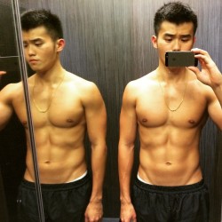 chinesemale:Evil twins in action #twobetterthanone #abs #igsg #asian #asianboy #selfie #chestday by minghanzoomo http://ift.tt/1AEA65b