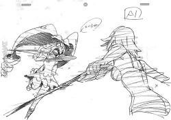 artbooksnat:  Kill la Kill (キルラキル) key frames of Kengo Saito’s (斉藤健吾) impressively choreographed fight between Ryuko and Nui in episode #24. The fight sequence along with interesting rough motion drawings of each frame can be found