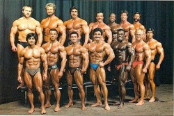 musclebeast300:  classicbodybuilders:  A whole buttload of the classic guys. See how many you can name.  Front row from left:Danny Padilla, Chris Dickerson, Mohammed Makkawy, Samir Banout, Johnny Fuller, tom Platz, unknown Rear: Unknown , Jusup wilkotz,