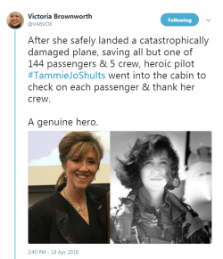 profeminist: stripedsilverfeline:  profeminist:    “After she safely landed a catastrophically damaged plane, saving all but one of 144 passengers &amp; 5 crew, heroic pilot #TammieJoShults went into the cabin to check on each passenger &amp; thank
