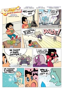 stevenuniversesu:  Steven universe comic by kaboom!  Written by Rebecca Sugar   Look at these superpowered dorks. Look at these superpowered dorks make a comic book. Look at how happy they are to make that thing for him. Look at how happy he is. Dorks.