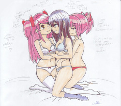 caffeccino:  Homura sandwiched between Madokas Or “yuri heaven”  ahhh I love markers \ v / warpcomet / castellla&rsquo;s idea! @ v @    kind of. 