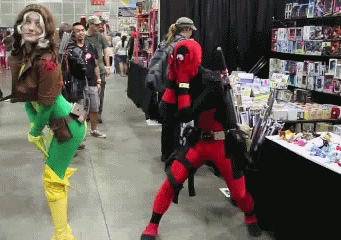 hentai-ass:  fellmoon:  tobiasxva:  I love accurate deadpool cosplay gifs. This is why we need a real R rated Deadpool movie.  Protip: It IS Deadpool. He comes through the fourth wall to go to cons as himself  Fuck this is perfect 