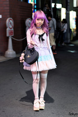 tokyo-fashion:  Moko from Hong Kong on the street in Harajuku w/ pink hair, Lunatic Lemony Lollipop tulle skirt, One Spo cardigan &amp; Tokyo Bopper. 