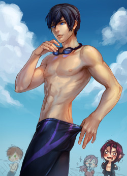 wishfulpotato:  Drew Haruka from Free! for my old friend Evy :) Haven’t drawn outside of work in a while, it was fun! I think it was my excuse to draw half naked men… and ahem practice muscles/hands… ( ͡° ͜ʖ ͡°) I was too lazy to fill the