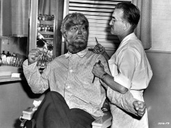Lon Chaney Jr. and Jack Pierce have fun during a makeup session for Frankenstein Meets the Wolf Man, 1943.
