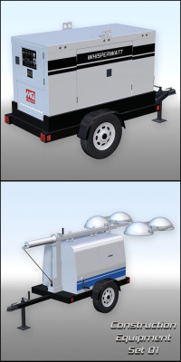 Poser  models of a mobile generator and mobile lighting unit commonly found on  construction sites. The mobile lighting unit is provided in two  versions: one with the lighting tower down and one with it up. Get this lovely set at 25% off until 8/31/2017!