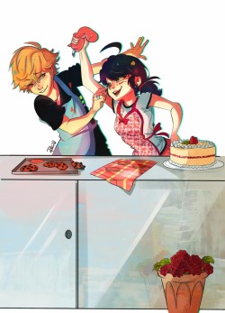 resilienc:  Commissioned by talented artist @re-unknown The artist does amazing work and was the one that made this wonderful adrien agreste &amp; marinette dupain-cheng baking art.This art is a present for @drkchosen based on one of our earliest roleplay