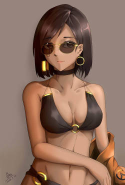 dkhaku87:@pharah-best-girl do a blender model to match this? I’m limited by what clothes I find available (I really don’t want to do them by hand myself). But there is already a swimsuit with golden rings, sunglasses, earrings and a jacket (just black