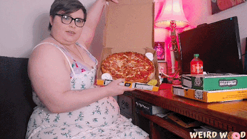 woodsgotweird:🍕Pizza Stuffing in my Sundress🍕Watch me get greedy and devour a whole pizza alongside cheesy bread and brownies. Burping and playing with my bloated belly, I can’t wait to see how much fatter this makes me! ^_^Find it here: C4S |