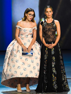 adoringemiliaclarke:Emilia Clarke &amp; Millie Bobby Brown speak onstage during the 70th Emmy Awards at Microsoft Theater on September 17, 2018 in Los Angeles, California.