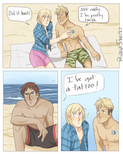 robotsharks:  Summer AU: Our favourite surfers are at it again trying their best to impress Armin through their ink. Jean didn’t think Eren would have the guts to show that chili pepper tattoo he got when he was drunk on Saint Patrick’s day, but Eren