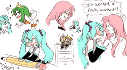 silly negitoro AU where miku and the twins are &ldquo;tiny vocaloids&rdquo; and are adopted by luka. tiny miku falls in love with luka and goes on and on about how one day shes gonna get bigger and marry luka, but the twins tease her about it saying stuff
